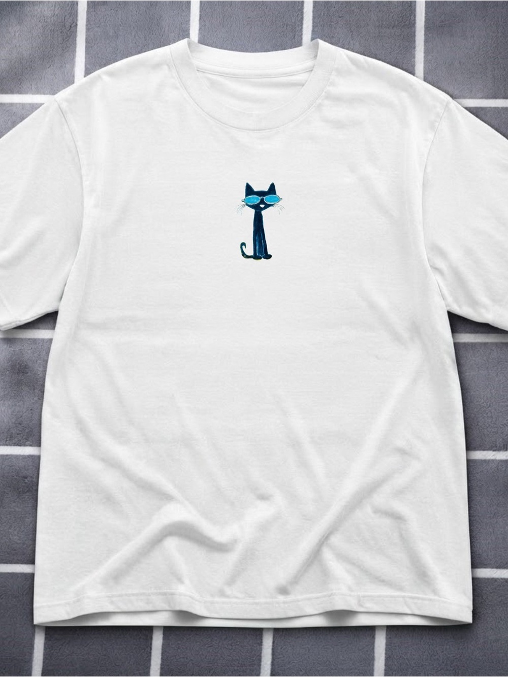 Gildan White Tee with Blue Sunglasses Cat Graphic